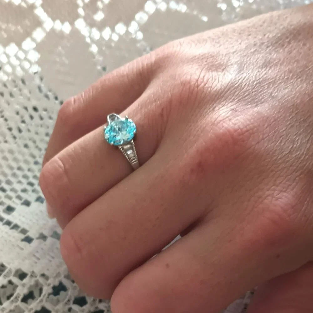 IBB 925 Light Blue Ring 7 Sterling Silver Solitaire with Clear Baguettes